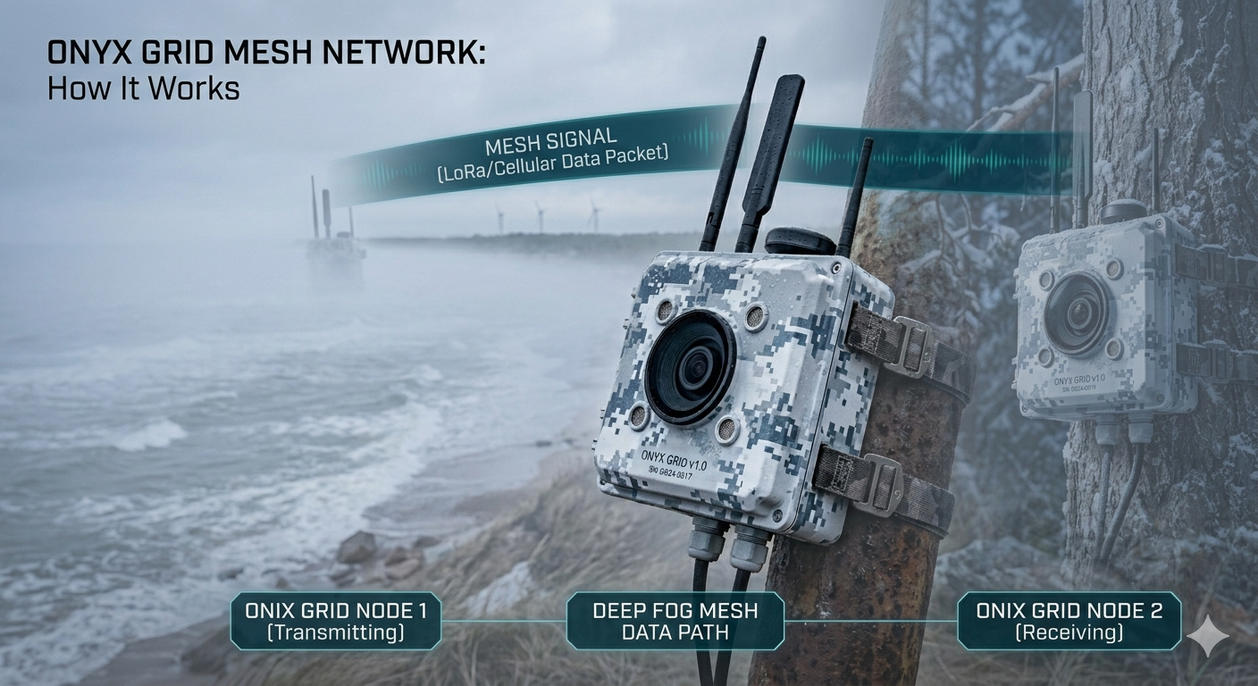Mesh network diagram: two sensor nodes exchanging encrypted LoRa data packets through deep fog